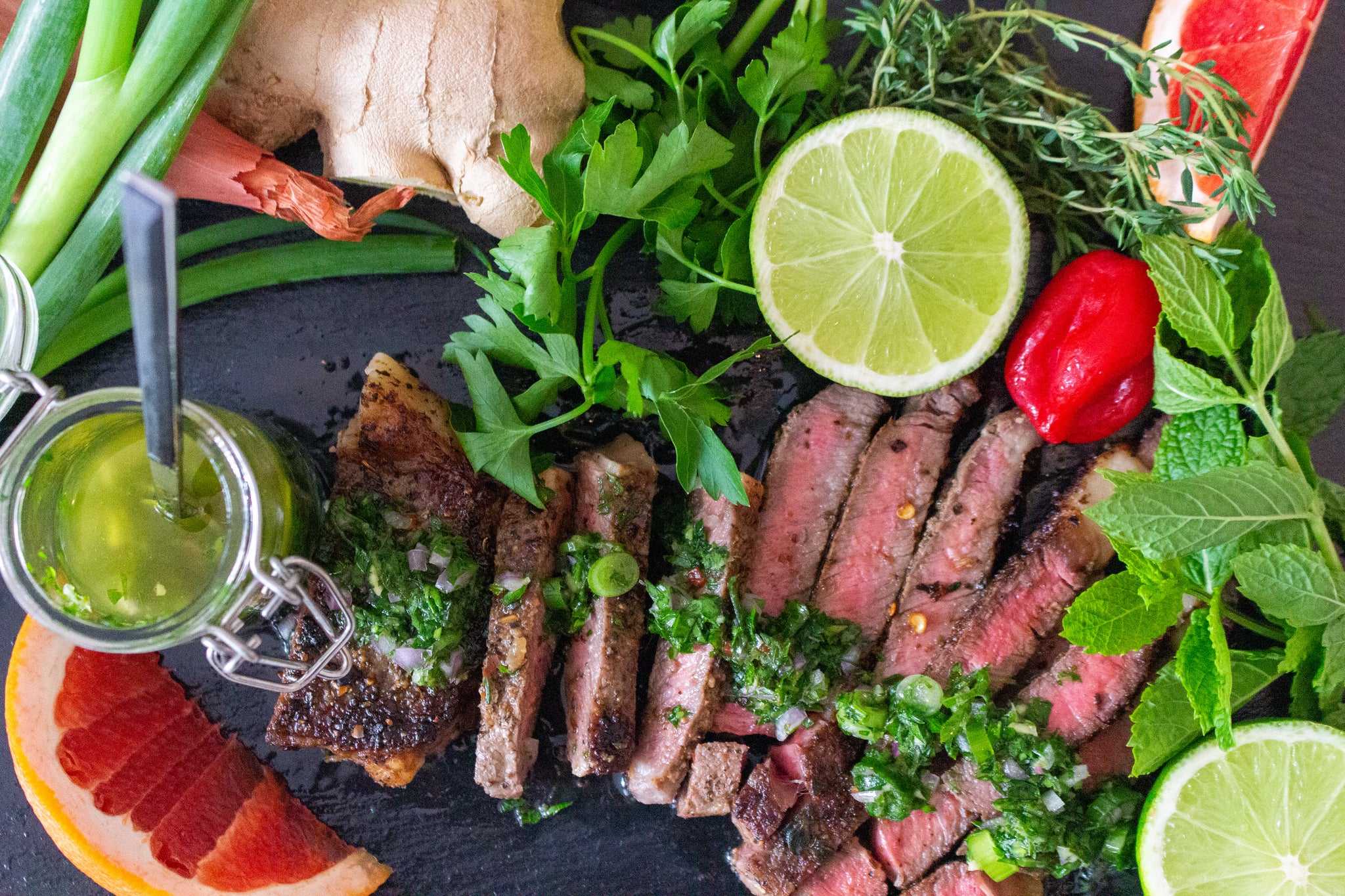 CARIBBEAN STEAK WITH A HERB, GINGER & CITRUS DRESSING RECIPE